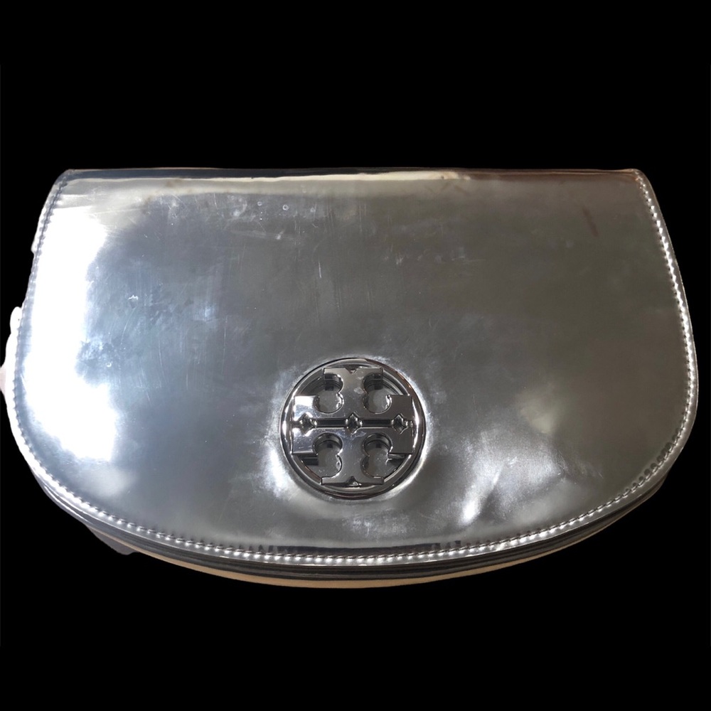 Tory Burch metallic silver patent leather flap shoulder bag
